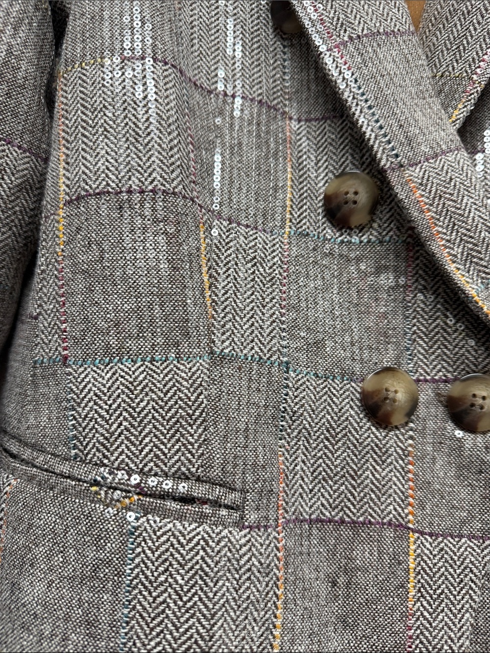 Cache Sequined Plaid Double-Breasted Blazer Jacket - Taupe - Picture 4 of 4